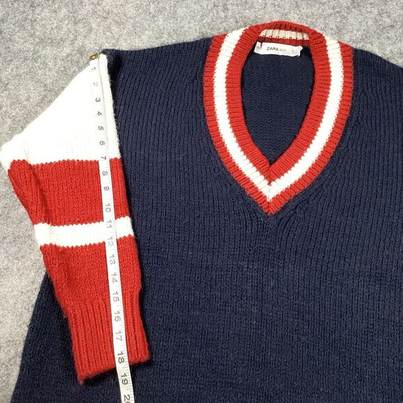 Zara Oversized V Neck Collegiate Preppy Knit Sweater Navy Red White Size Small - Picture 7 of 15